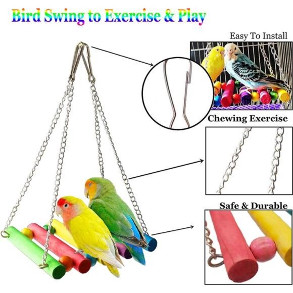 8 Pcs Parakeet Cockatiel Bird Toys, Hanging Bell Pet Bird Cage Hammock Swing Toy - Picture 4 of 6